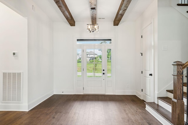508 Matthew Miller Dr, Smyrna, TN 37167 - entrance foyer with dark wood-style flooring, beamed ceiling, stairs, and a chandelier