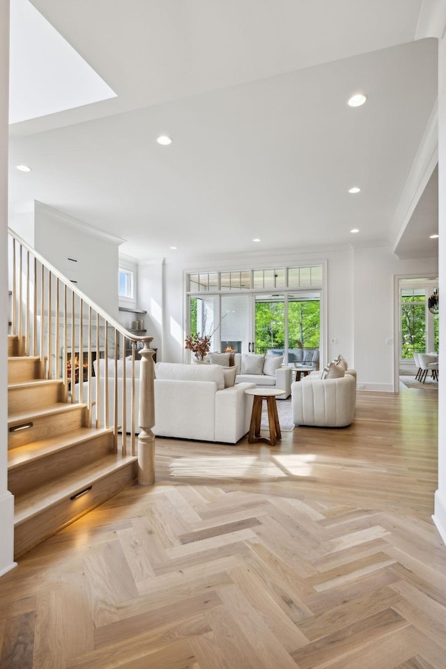 8876 Edgecomb Dr, College Grove, TN 37046 - living room featuring stairway and recessed lighting