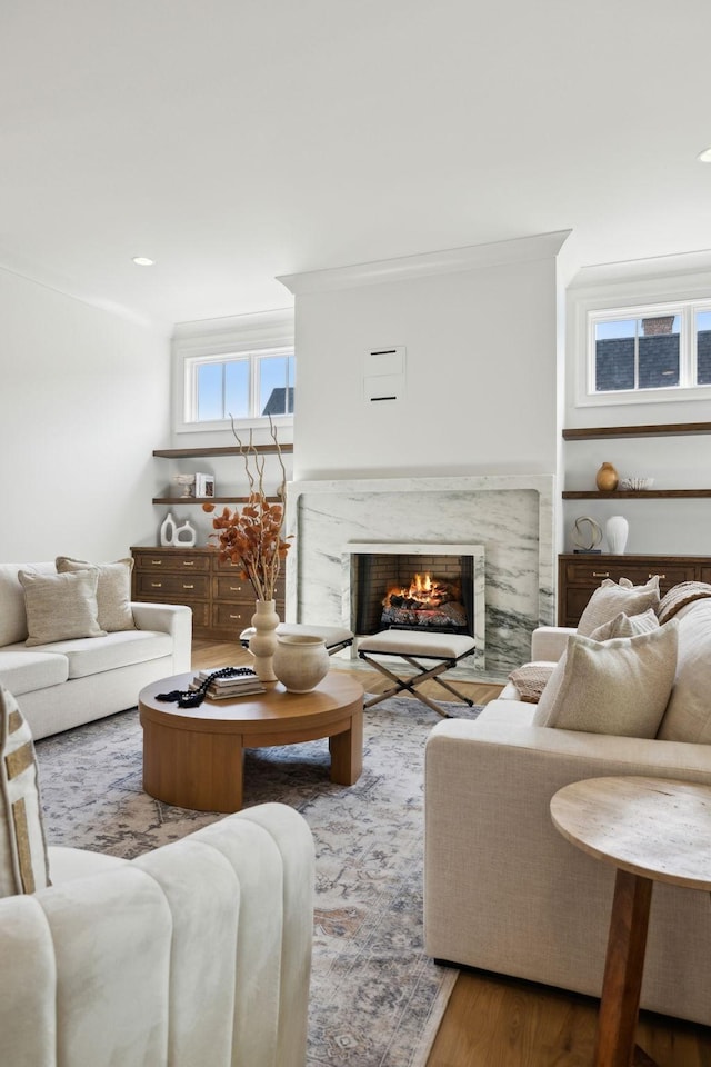 8876 Edgecomb Dr, College Grove, TN 37046 - living area with a fireplace, wood finished floors, and recessed lighting