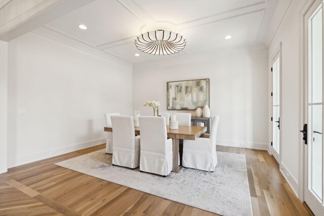 8876 Edgecomb Dr, College Grove, TN 37046 - dining space with light wood-style flooring, coffered ceiling, ornamental molding, recessed lighting, and beam ceiling