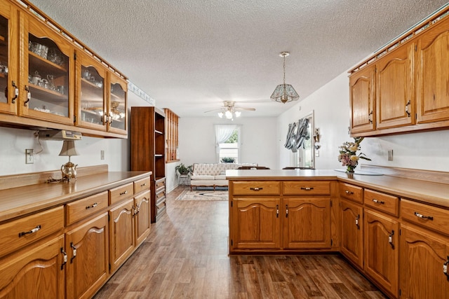 8663 Dog Branch Rd, Mount Pleasant, TN 38474 - kitchen with a textured ceiling, a peninsula, brown cabinets, glass insert cabinets, and dark wood-style flooring