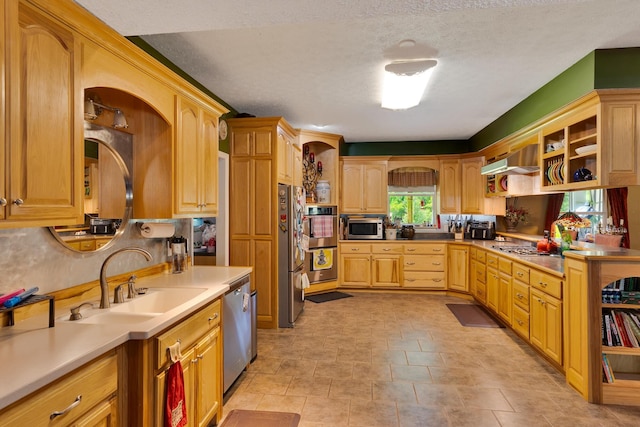 997 W 12th St, Chickamauga, GA 30707 - kitchen featuring stainless steel appliances, extractor fan, open shelves, a textured ceiling, and light countertops