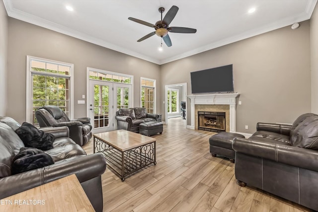 108 Center Park Ln, Oak Ridge, TN 37830 - living room featuring a ceiling fan, light wood finished floors, crown molding, recessed lighting, and a fireplace