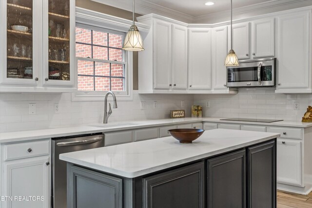 108 Center Park Ln, Oak Ridge, TN 37830 - kitchen with stainless steel appliances, white cabinetry, light countertops, glass insert cabinets, and ornamental molding