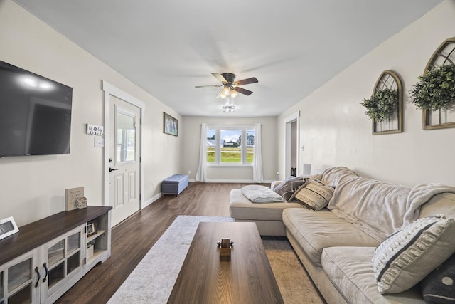 3205 Sylvia Rd, Dickson, TN 37055 - living room featuring dark wood-type flooring and a ceiling fan
