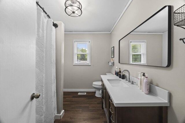 3205 Sylvia Rd, Dickson, TN 37055 - bathroom with healthy amount of natural light, crown molding, vanity, wood finished floors, and a shower with curtain