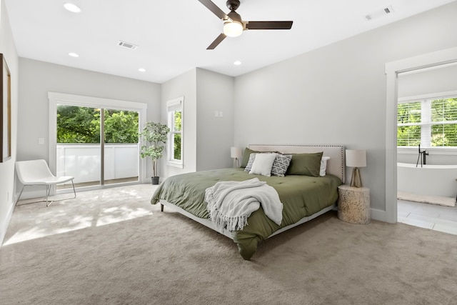 1227 N Avondale Cir, Nashville, TN 37207 - bedroom with multiple windows, carpet flooring, access to exterior, recessed lighting, and a ceiling fan