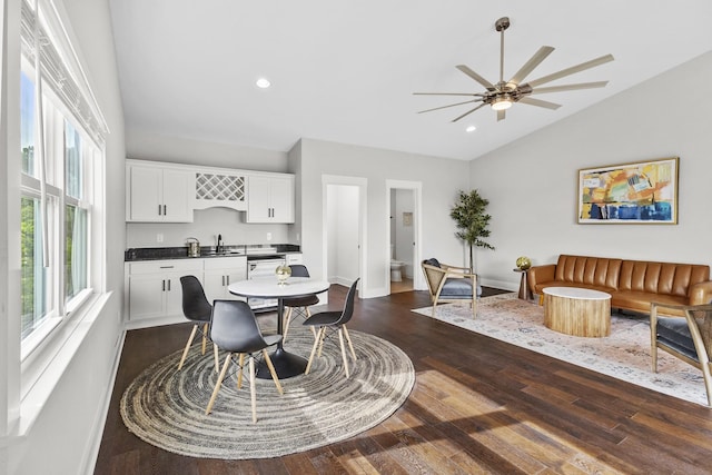 1227 N Avondale Cir, Nashville, TN 37207 - dining room with lofted ceiling, dark wood-style flooring, a ceiling fan, and recessed lighting
