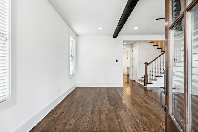 159 Acton St, Franklin, TN 37064 - unfurnished living room featuring beamed ceiling, dark wood-style flooring, stairs, and recessed lighting