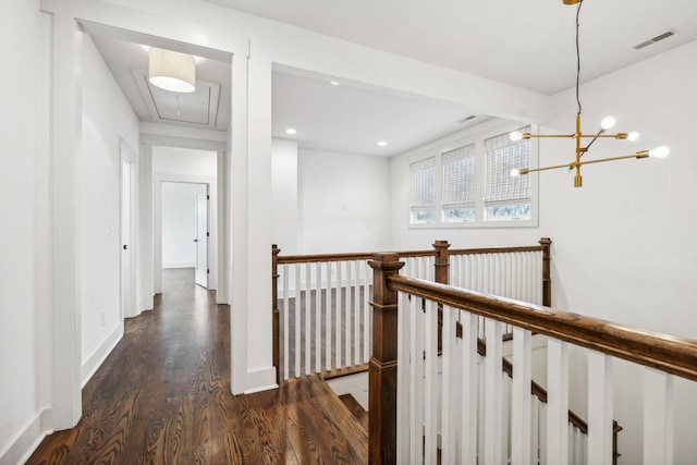 159 Acton St, Franklin, TN 37064 - hall with attic access, an upstairs landing, wood finished floors, a chandelier, and recessed lighting