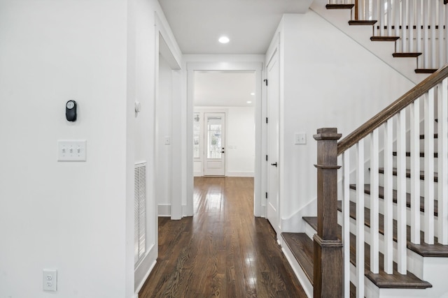159 Acton St, Franklin, TN 37064 - hallway with dark wood-style floors, stairway, and recessed lighting