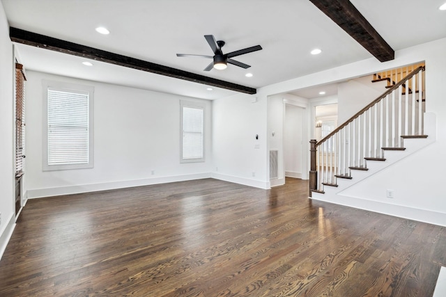 159 Acton St, Franklin, TN 37064 - unfurnished living room featuring beam ceiling, dark wood-style flooring, stairs, ceiling fan, and plenty of natural light