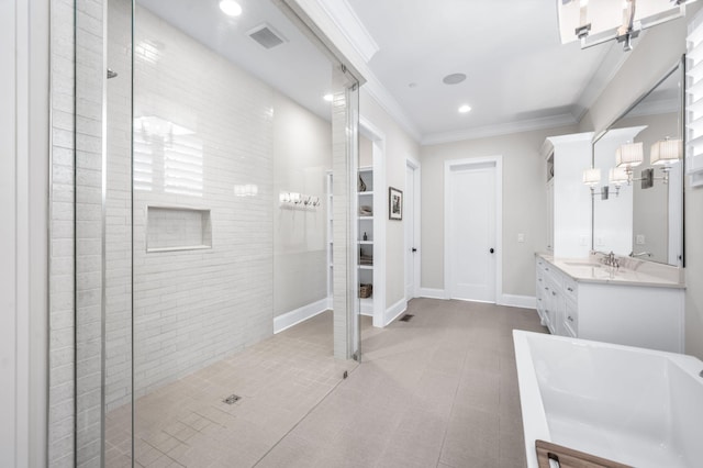 1542 Amesbury Ln, Franklin, TN 37069 - bathroom with tiled shower, vanity, crown molding, tile patterned flooring, and a bath