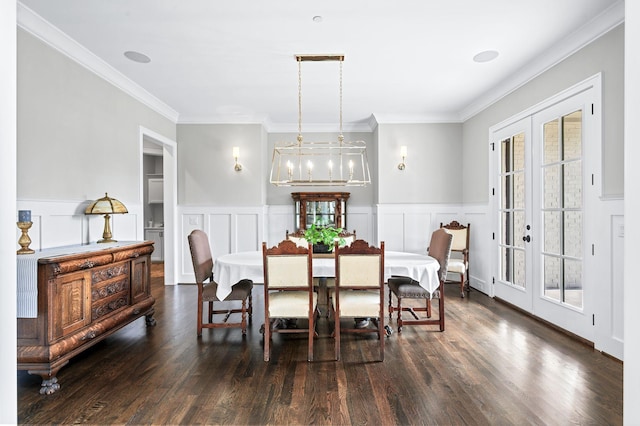 1542 Amesbury Ln, Franklin, TN 37069 - dining area with french doors, a decorative wall, crown molding, dark wood-type flooring, and a wainscoted wall