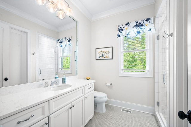 1542 Amesbury Ln, Franklin, TN 37069 - bathroom featuring vanity, a stall shower, crown molding, and tile patterned flooring