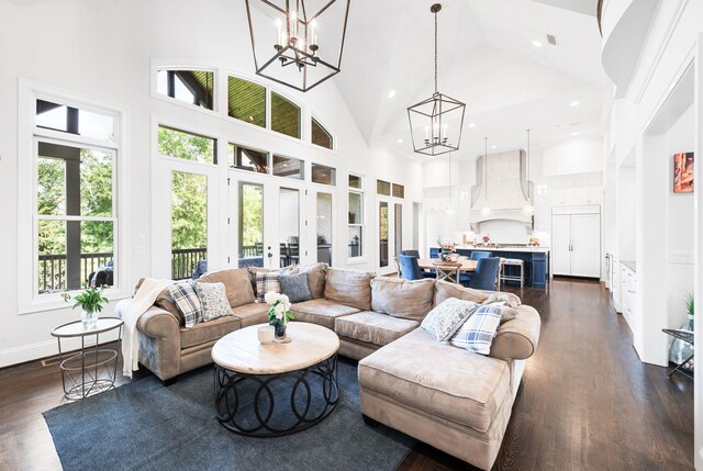 1542 Amesbury Ln, Franklin, TN 37069 - living area with a chandelier, high vaulted ceiling, dark wood finished floors, and recessed lighting