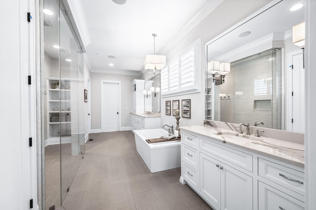 1542 Amesbury Ln, Franklin, TN 37069 - bathroom with crown molding, two vanities, a tub to relax in, a shower stall, and recessed lighting
