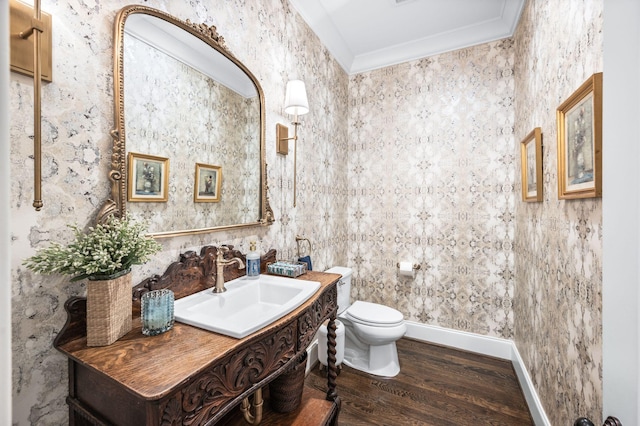 1542 Amesbury Ln, Franklin, TN 37069 - half bathroom featuring wood finished floors, vanity, and ornamental molding