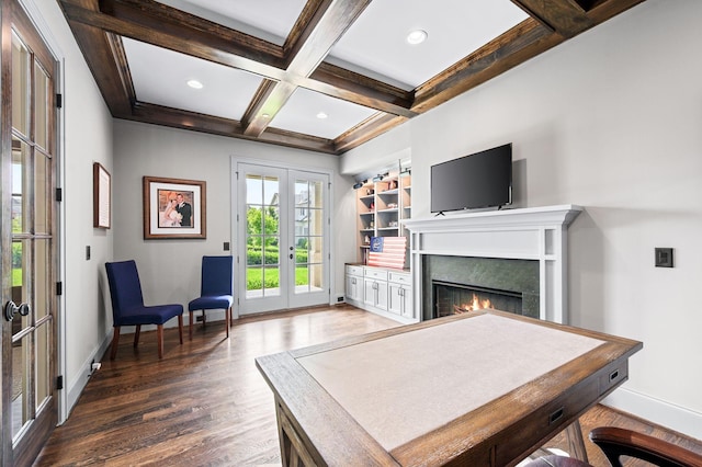 1542 Amesbury Ln, Franklin, TN 37069 - living room with french doors, wood finished floors, beam ceiling, a lit fireplace, and coffered ceiling