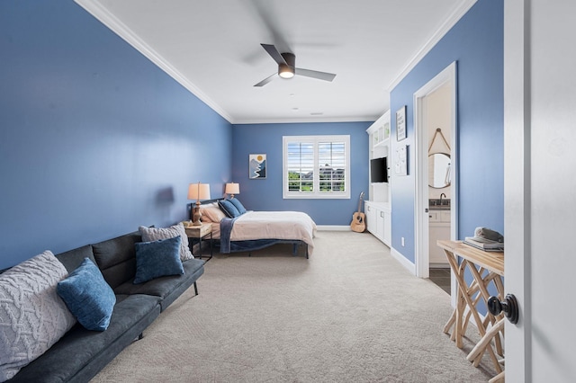 1542 Amesbury Ln, Franklin, TN 37069 - carpeted bedroom featuring ornamental molding, ceiling fan, and connected bathroom