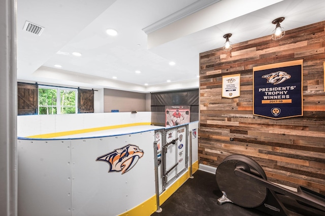1542 Amesbury Ln, Franklin, TN 37069 - bar with wooden walls, recessed lighting, and finished concrete flooring