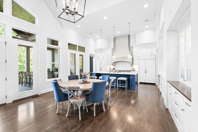 1542 Amesbury Ln, Franklin, TN 37069 - dining space featuring a towering ceiling, a chandelier, dark wood-style floors, and recessed lighting