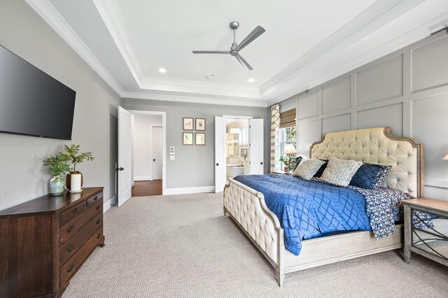 1542 Amesbury Ln, Franklin, TN 37069 - bedroom with a raised ceiling, crown molding, light colored carpet, ensuite bathroom, and ceiling fan