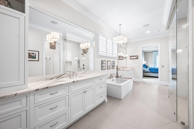 1542 Amesbury Ln, Franklin, TN 37069 - bathroom with ensuite bathroom, ornamental molding, vanity, a tile shower, and a soaking tub