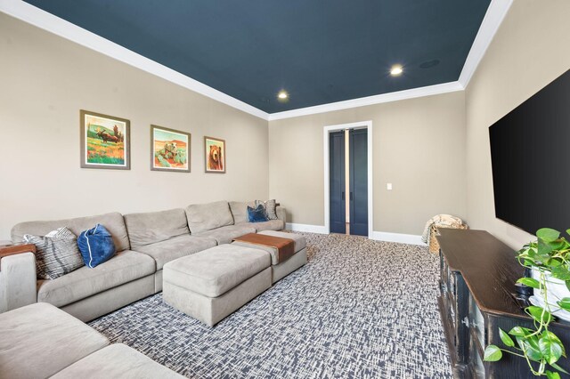 1542 Amesbury Ln, Franklin, TN 37069 - carpeted living room with ornamental molding and recessed lighting