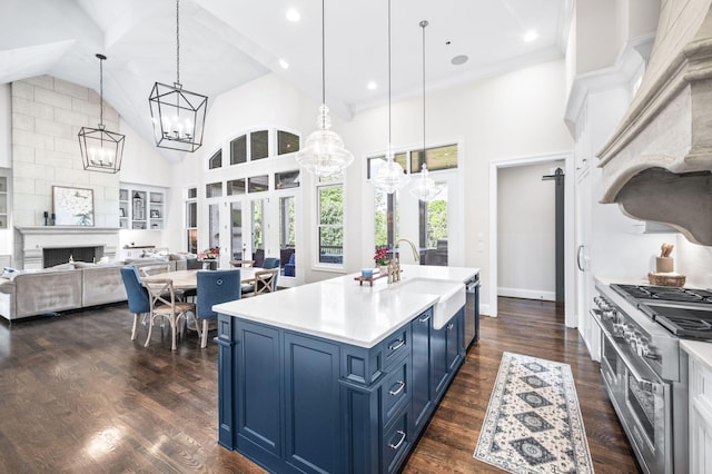 1542 Amesbury Ln, Franklin, TN 37069 - kitchen with blue cabinets, double oven range, a chandelier, light countertops, and french doors