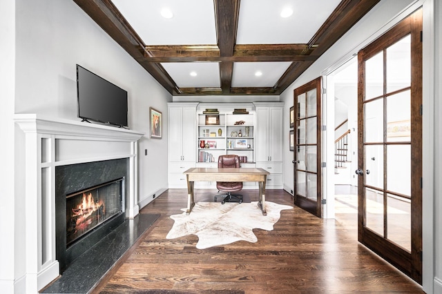 1542 Amesbury Ln, Franklin, TN 37069 - home office featuring coffered ceiling, a fireplace, dark wood-style floors, beamed ceiling, and french doors