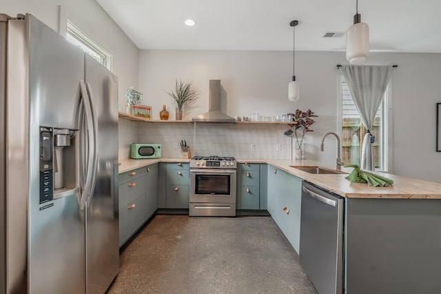 203 N 9th St Unit A/B, Nashville, TN 37206 - kitchen with stainless steel appliances, island range hood, open shelves, decorative backsplash, and gray cabinetry