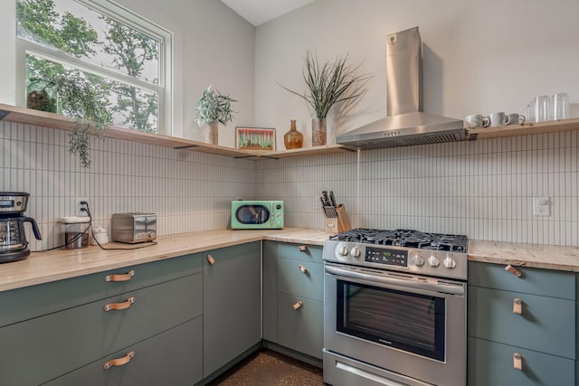 203 N 9th St Unit A/B, Nashville, TN 37206 - kitchen featuring wall chimney range hood, open shelves, stainless steel range with gas stovetop, and decorative backsplash