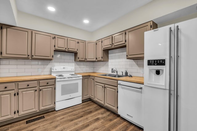 702 Marlboro Ave, Chattanooga, TN 37412 - kitchen with white appliances, butcher block countertops, gray cabinetry, dark wood finished floors, and tasteful backsplash