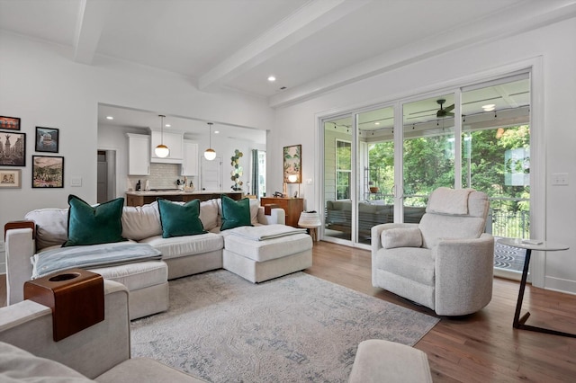 4141 Barnsley Loop, Ooltewah, TN 37363 - living area with beamed ceiling, wood finished floors, and recessed lighting