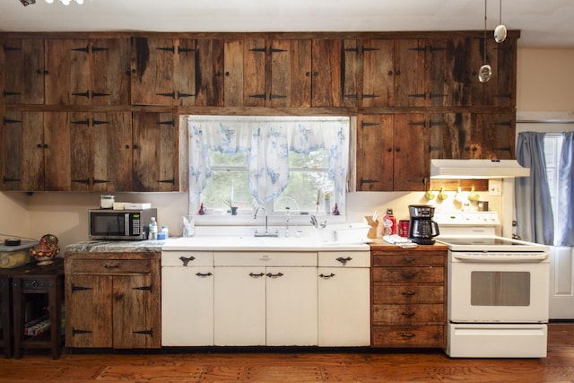 431 Haddon Ln, Winchester, TN 37398 - kitchen with white electric stove, under cabinet range hood, stainless steel microwave, wood finished floors, and light countertops