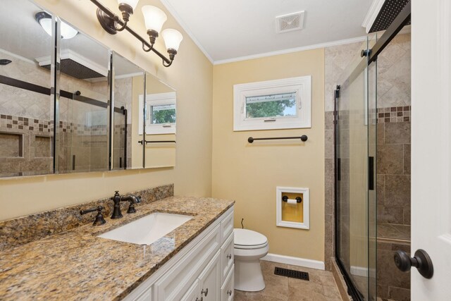 415 Porter Cir, Columbia, TN 38401 - bathroom featuring vanity, a stall shower, ornamental molding, and tile patterned floors
