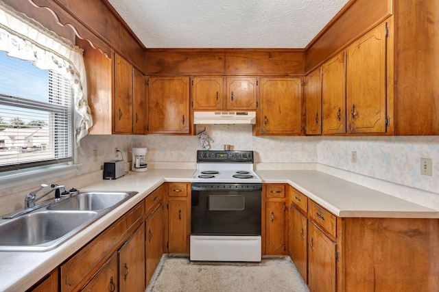 303 Furnace Hollow Rd, Dickson, TN 37055 - kitchen featuring range with electric cooktop, under cabinet range hood, a textured ceiling, brown cabinetry, and crown molding