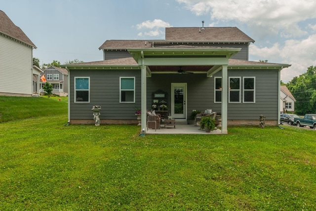 588 Davis Valley Dr, Columbia, TN 38401 - rear view of house featuring a ceiling fan, a patio, a yard, and roof with shingles