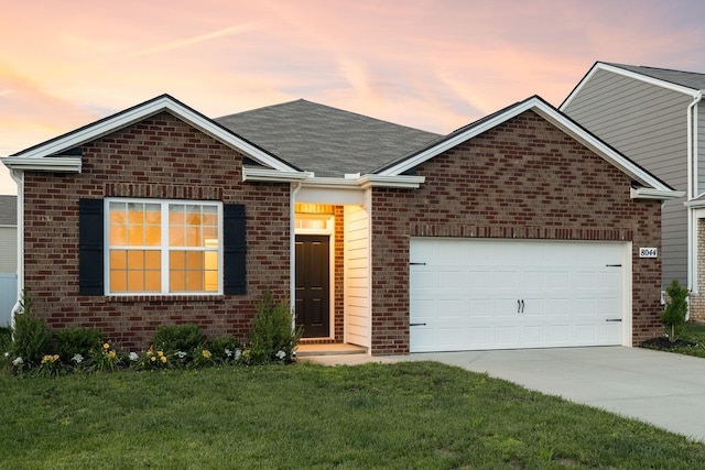 8044 Typhani Way, White House, TN 37188 - ranch-style house featuring brick siding, concrete driveway, a garage, a yard, and roof with shingles