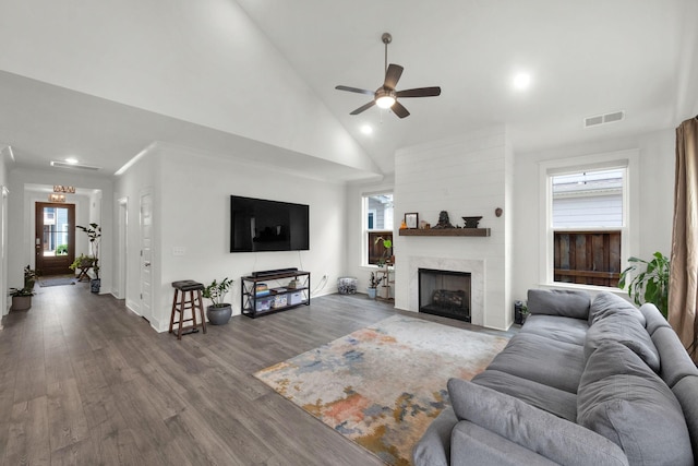 373 Hammock Ln, Spring Hill, TN 37174 - living room with ceiling fan, a high end fireplace, wood finished floors, recessed lighting, and high vaulted ceiling