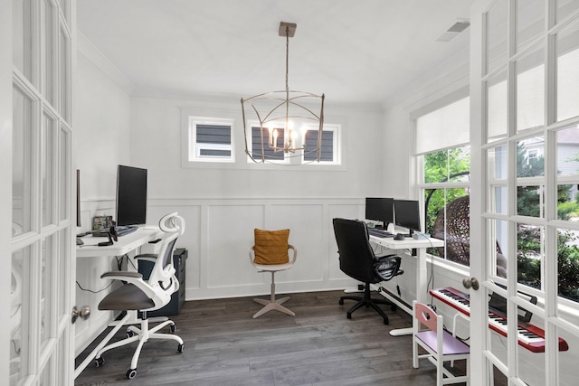 373 Hammock Ln, Spring Hill, TN 37174 - office area with a decorative wall, a chandelier, wood finished floors, crown molding, and wainscoting
