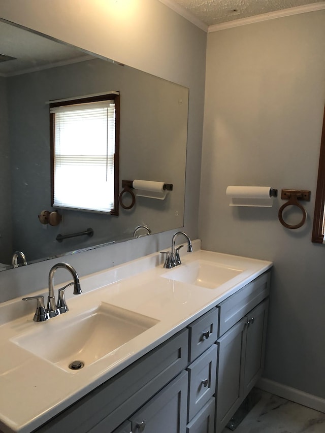 233 W Chestnut St, Puryear, TN 38251 - full bathroom featuring ornamental molding, double vanity, and marble finish flooring