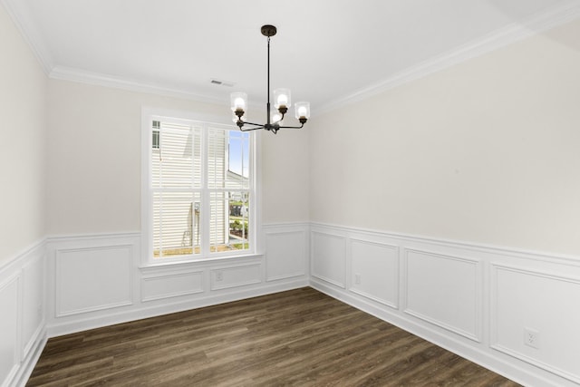 4026 Rampart Way, Spring Hill, TN 37174 - unfurnished room featuring a chandelier, ornamental molding, a wainscoted wall, and dark wood-style flooring