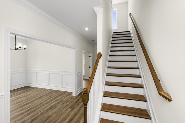 4026 Rampart Way, Spring Hill, TN 37174 - stairway featuring wood finished floors, ornamental molding, a chandelier, recessed lighting, and wainscoting
