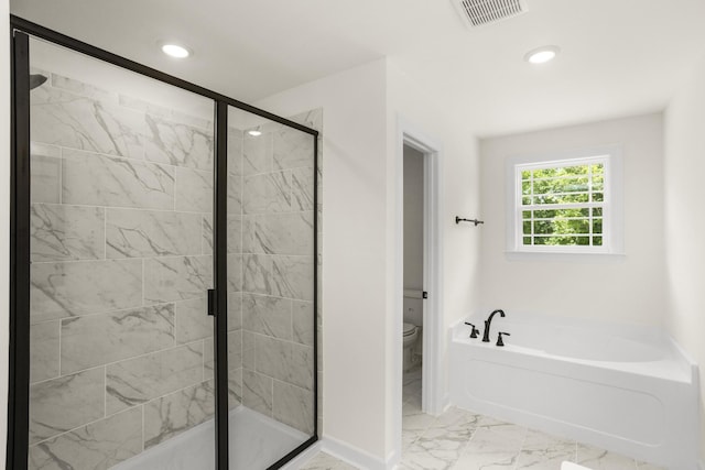 4026 Rampart Way, Spring Hill, TN 37174 - full bathroom with a bath, marble finish floors, a stall shower, and recessed lighting