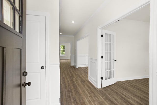 4026 Rampart Way, Spring Hill, TN 37174 - foyer entrance with crown molding, dark wood-style floors, recessed lighting, and a wainscoted wall