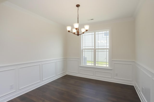 4020 Rampart Way, Spring Hill, TN 37174 - unfurnished dining area featuring a chandelier, a wainscoted wall, crown molding, and dark wood-style flooring