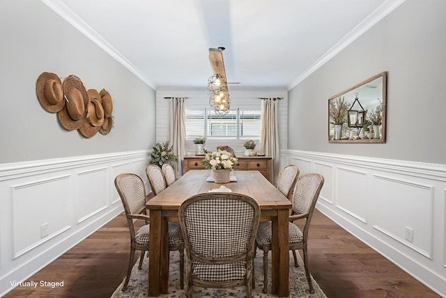2050 Beamon Dr, Franklin, TN 37064 - dining space featuring crown molding, dark wood-style flooring, a decorative wall, and wainscoting