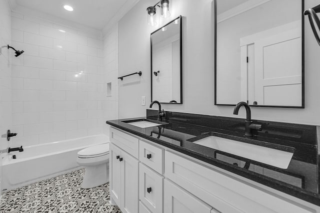 5937 Hunt Valley Dr, Spring Hill, TN 37174 - bathroom featuring double vanity, crown molding, bathtub / shower combination, recessed lighting, and tile patterned flooring